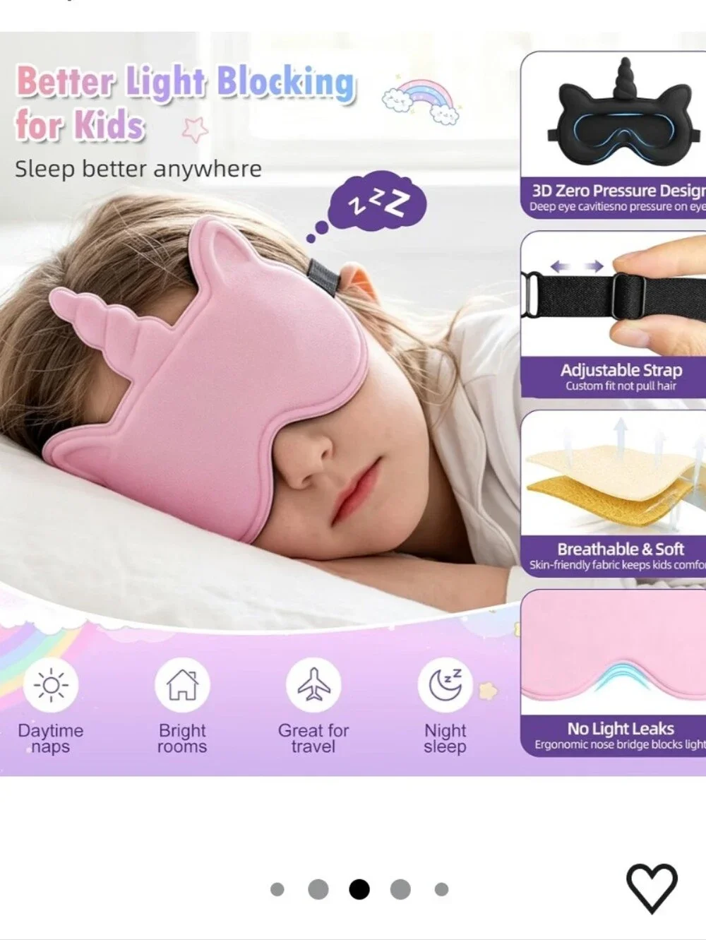 Kids Unicorn Sleeping Mask - Soft Contoured Eye Mask (Pink)